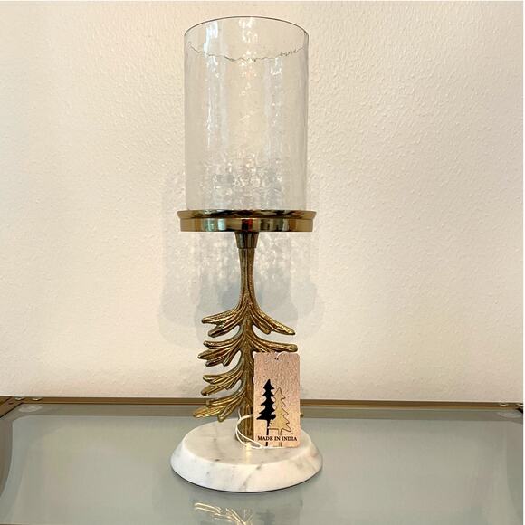 Glass Hurricane w/ Marble Base 14" Gold Metal Christmas Tree Made in India NEW - Picture 6 of 8